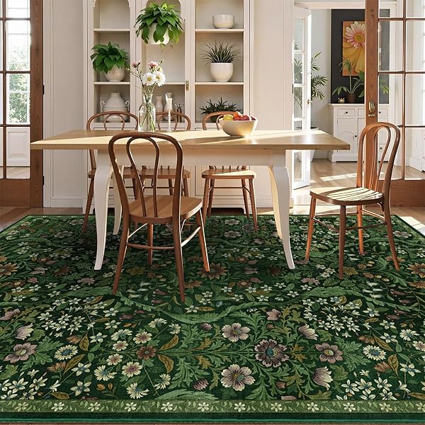 FLORAL WASHABLE 6X9 AREA RUG,DARK GREEN BOHO RUGS FOR LIVING ROOM, SOFT LOW-PILE NON-SLIP STAIN RESISTANT & NON-SHEDDING CARPET FOR BEDROOM, DINING ROOM, OFFICE, ENTRYWAY, NURSERY