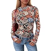 PRETTYGARDEN Women's Long Sleeve Going Out Tops 2026 Spring Y2K Clothes Mesh Floral Fitted Shirts Date Night Outfit