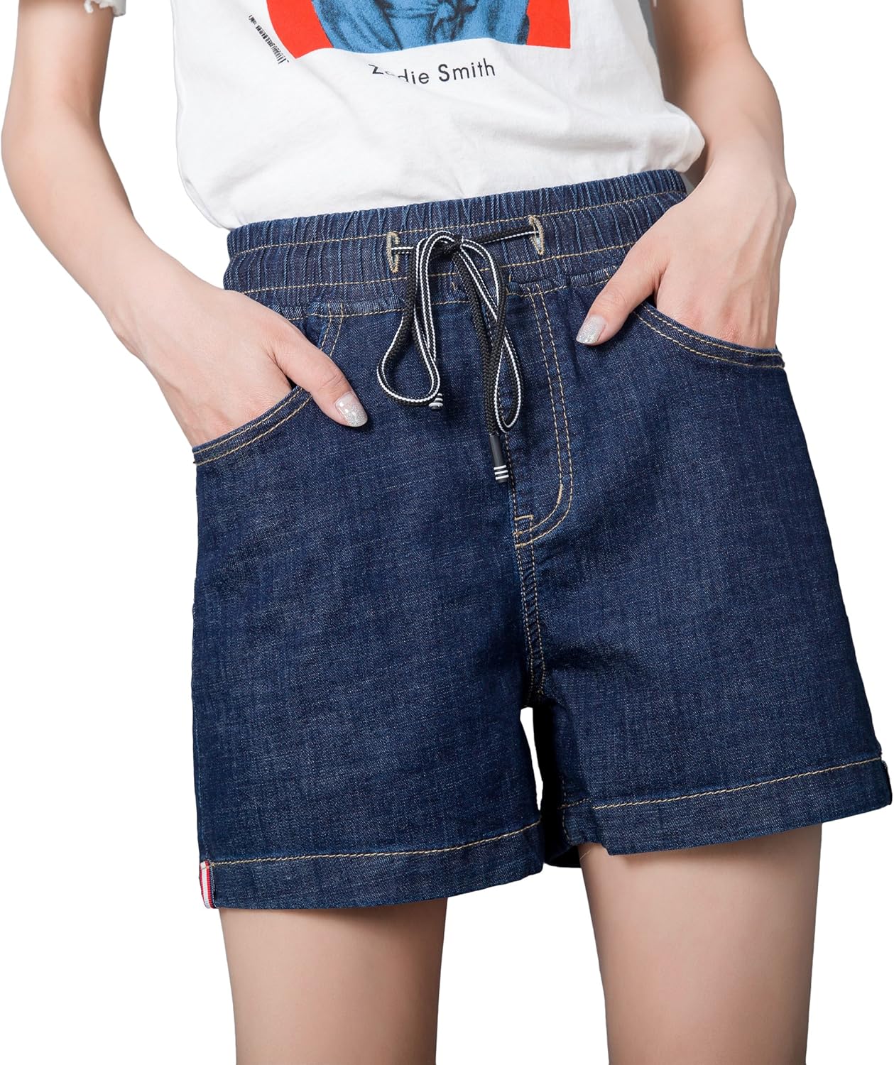 Women's High Rise StraighLeg Stretchy Denim Shorts Elastic Waist Jeans