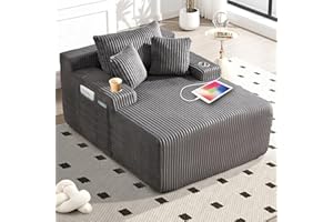 REXMILY 66" Chaise Lounge Chair Indoor, Oversized Corduroy Upholstered Boneless Sofa with USB&Type C, Deep Seat Sleeper Couch Reading Chairs with Pillows, Cloud Sofas Couches Living Room No Assembly (Grey)