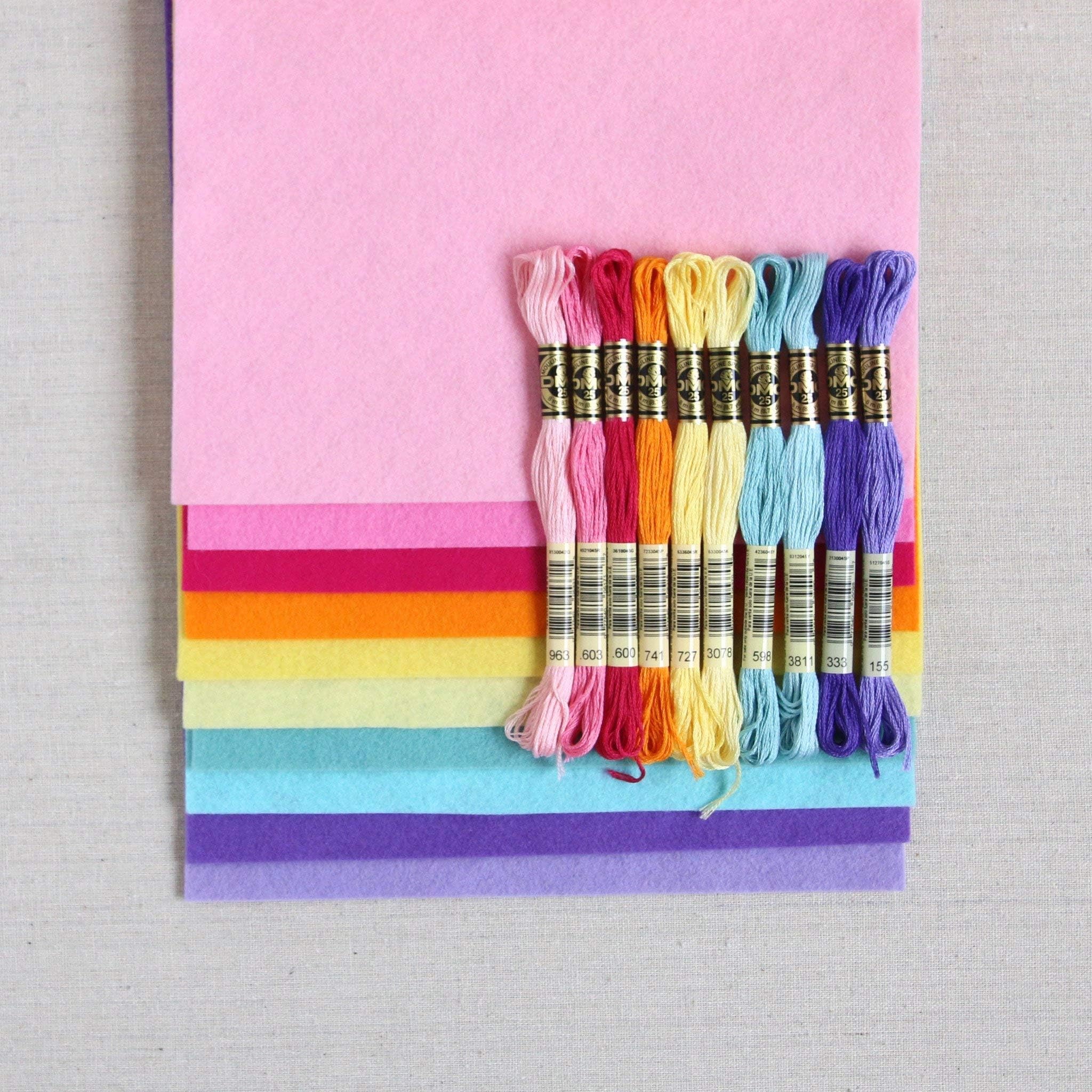 Benzie DesignWool Felt, 10 pcs 9"x12" with Matching DMC Embroidery Floss in Spring Colors, 1 mm Thick, Soft & Pliable, Wool Blend Felt, Pot of Gold 9"x12" & Floss