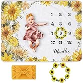 Yoothy Sunflower Baby Monthly Milestone Blanket Girl, Floral Newborns Month Blanket Gift for Baby Shower, Soft Plush Photo Prop Blanket, Wreath &Headband Included, 45''x40''