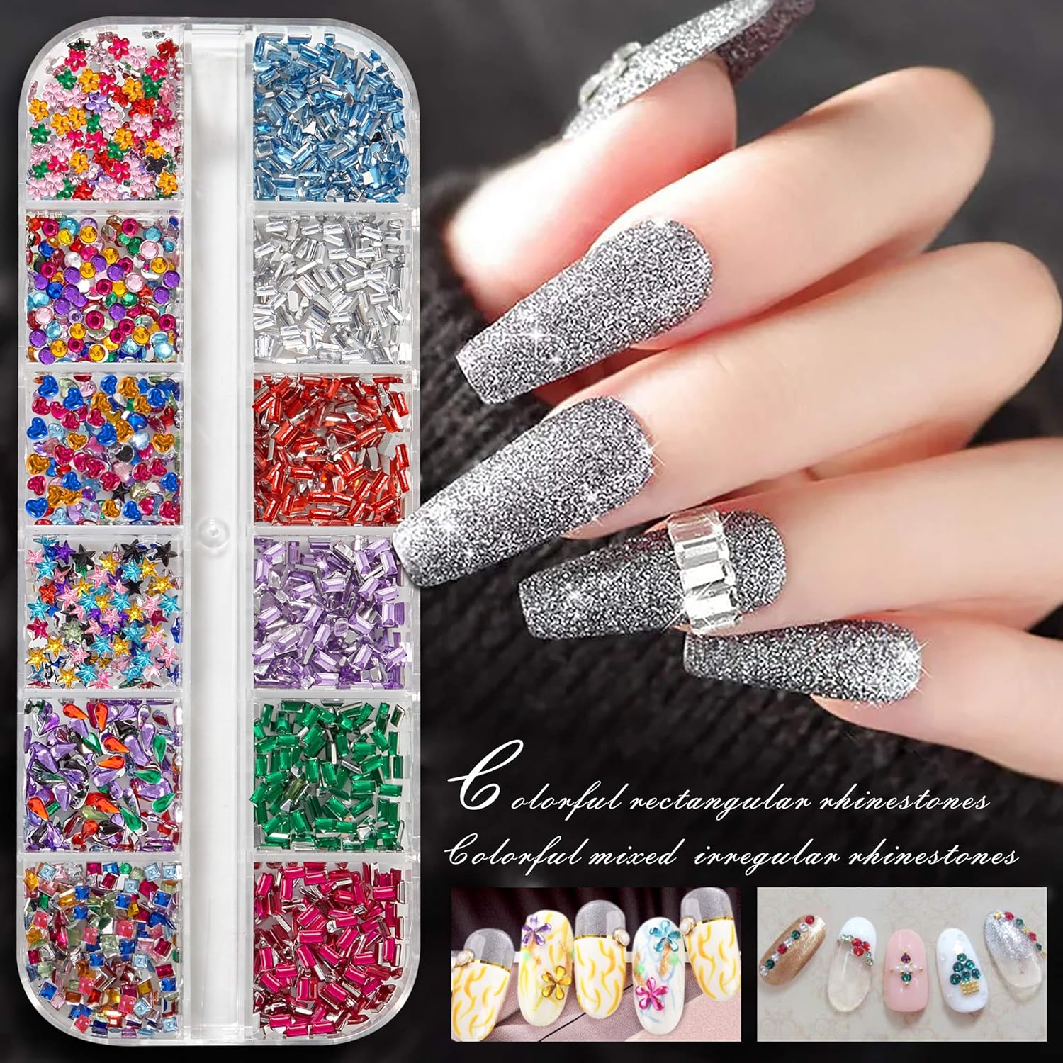 Nail Art Rhinestones, Nail Crystal Nail Gems Nail Art Supplies, Nail Design Kit, contains 6 Boxes of 72 Types, and Nail Accessories with 2 Finger Separator, 1 Tweezers, 1 Nail File, 1 Pen: Beauty