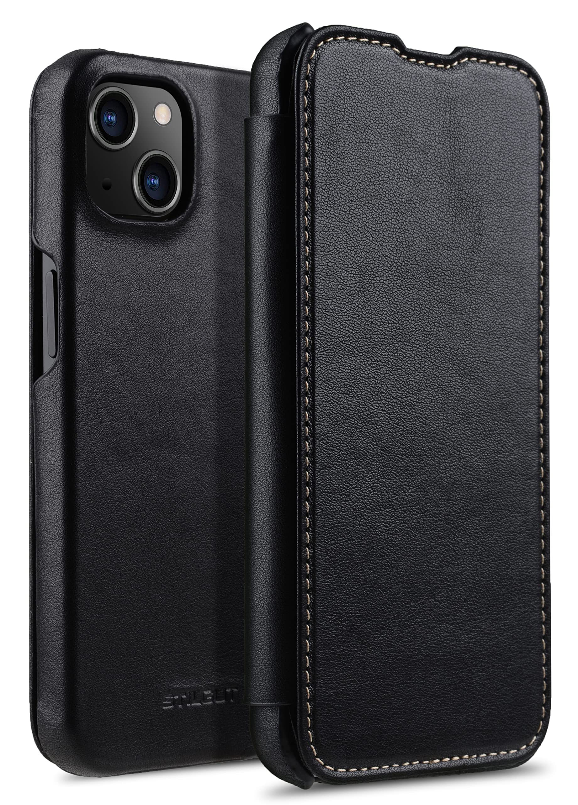 STILGUT Book Case Compatible with iPhone 13 Mini (5.4 Inch) Leather Flip Case Mobile Phone Case Leather Case - Black Nappa