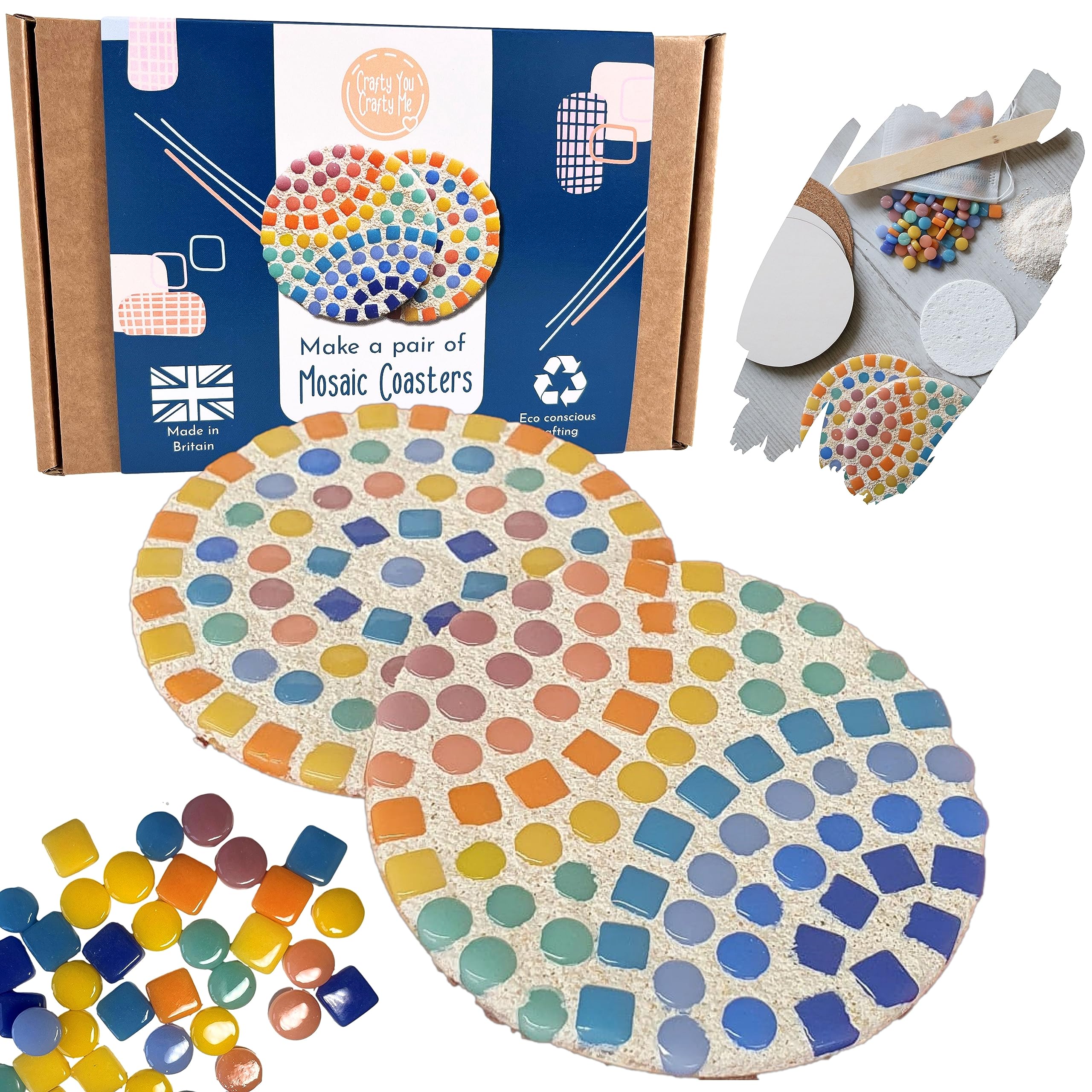 Crafty You Crafty Me - Mosaic Coasters Craft Kit (Rainbow Mix (Round)), Arts and Crafts Gifts for Beginners, Made in UK