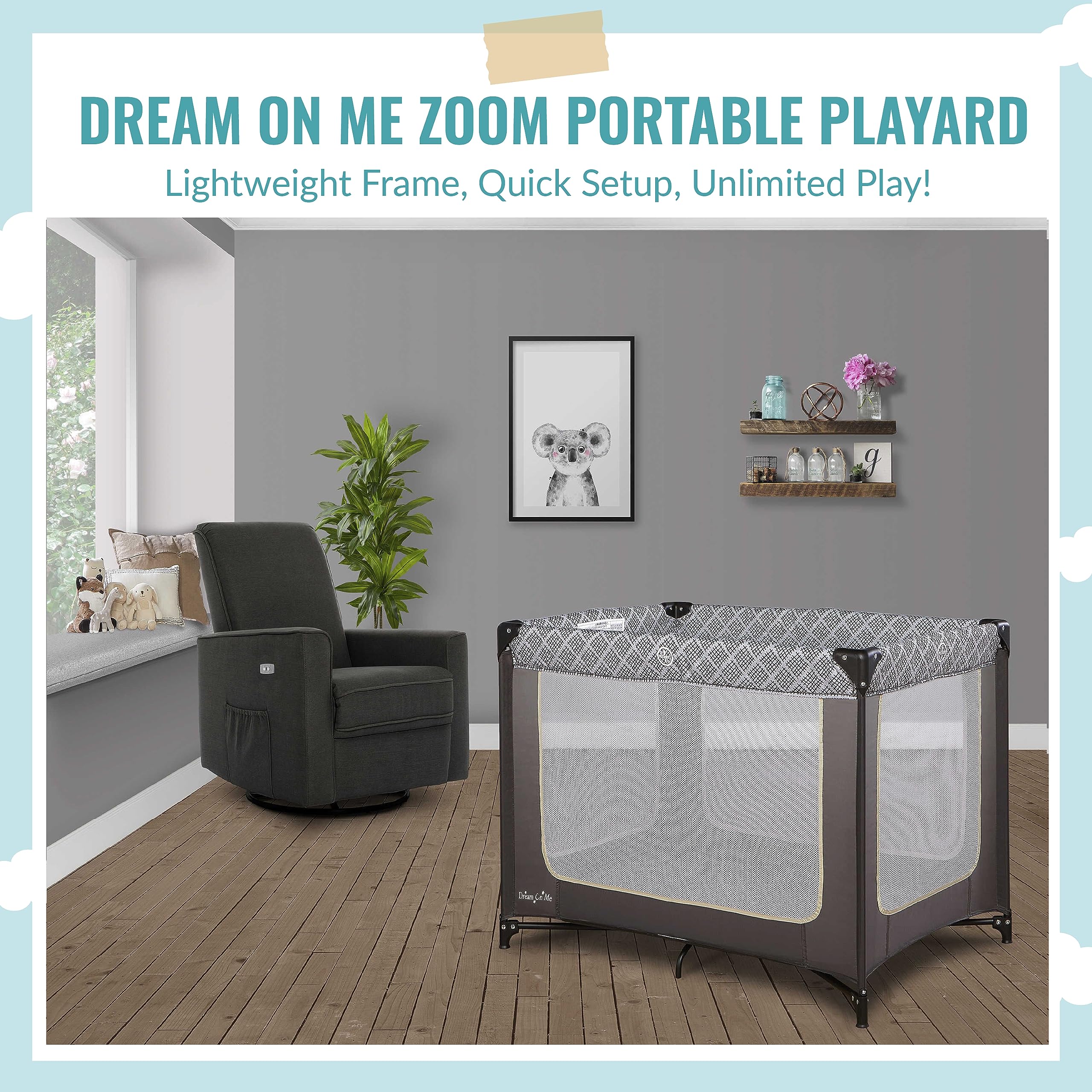 Dream On Me Zoom Portable Playard in Dark Grey, Lightweight, Packable and Easy Setup Baby Playard, Breathable Mesh Sides and Soft Fabric - Comes with a Removable Padded Mat