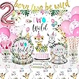 HIPEEWO Two Wild Birthday Decorations Dinnerware For Girl, Jungle Safari Theme 2nd Birthday Party Supplies Include Plate, Cup, Napkin, Backdrop, Banner, Tablecloth, Balloon, Cutlery, Topper | Serve 24