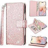 Fingic for iPhone 16 Case,iPhone 16 Wallet Case,Glitter Sparkle Cover 9 Card Holders PU Leather with Kickstand Wrist Strap Protective Case for Women Girls for Apple iPhone 16,6.1 inch,2024,Rose Gold