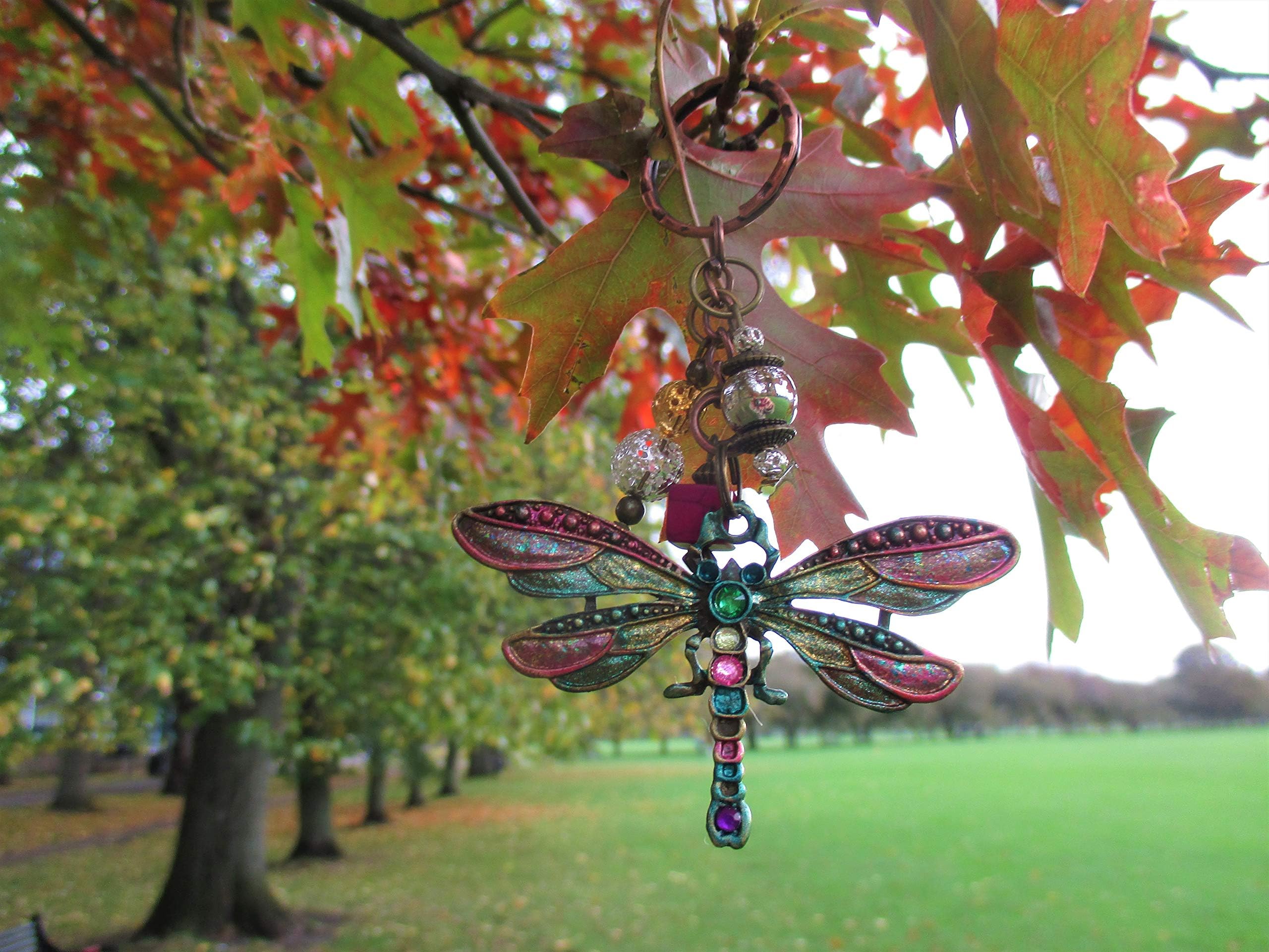 Hand painted green pink boho dragonfly bronze charm key-ring with coloured chips and gift bag