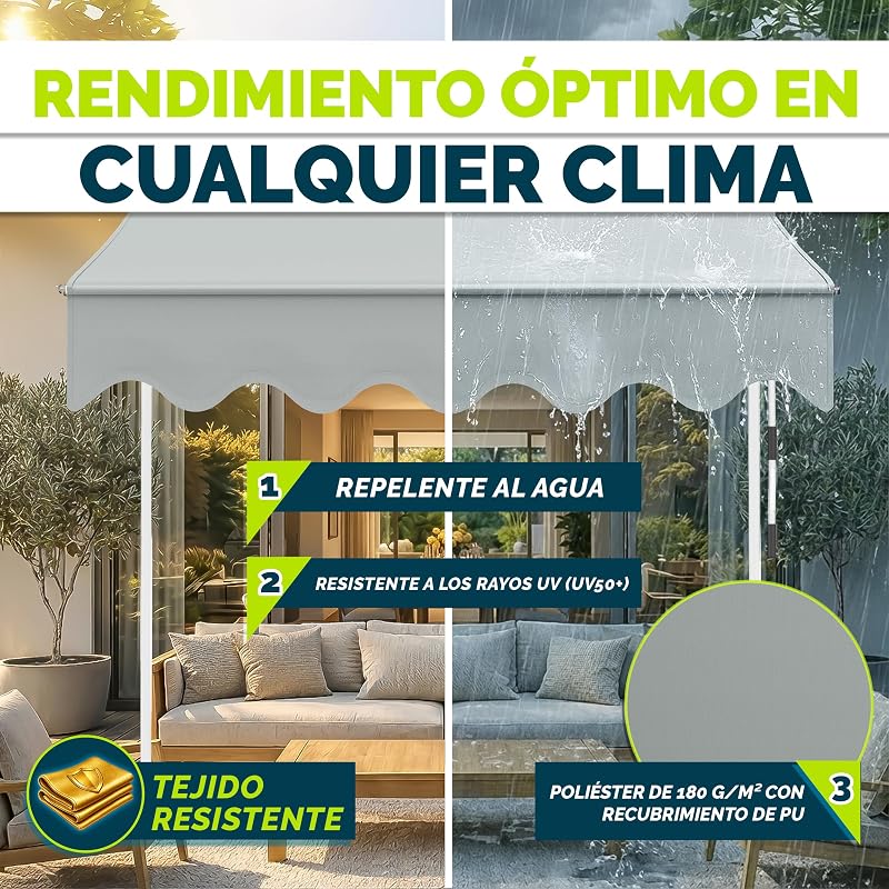 Toldo de gancho Tillvex 250 cm gris claro con manivela manual para balcón | Toldo para balcón sin perforación | Toldo resistente a los rayos UV y ajustable en altura | Protección solar impermeable