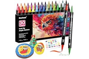 Recheel 30 Colors Acrylic Paint Markers, Dual Tip Fine and Brush Tips for Detailed Art, Crafting, Rock Painting, Wood, Glass, Ceramic, and More