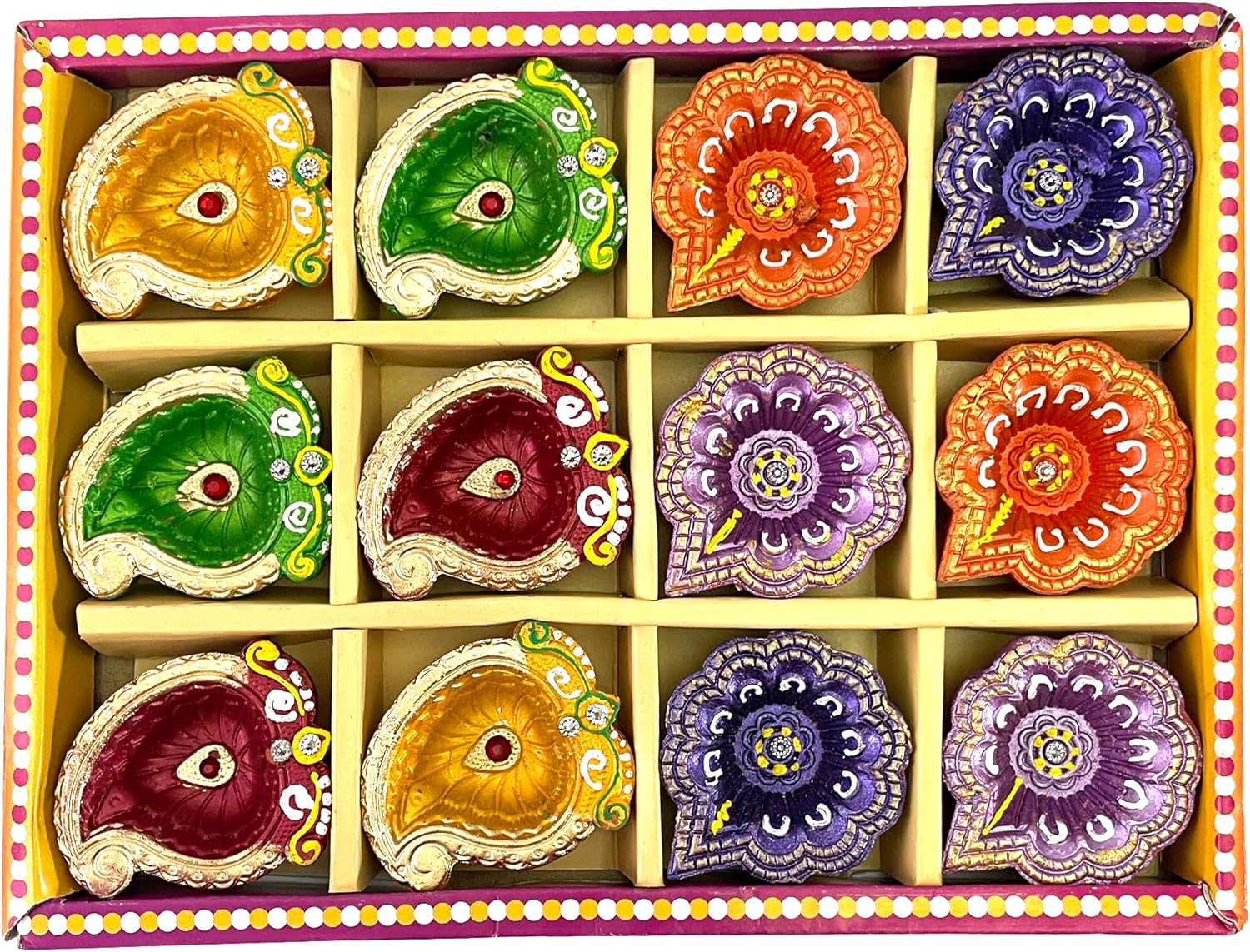 Oil Lamps & Accessories - KSJONE Diya Colorful Handmade Earthen Clay Terracotta Diyas Set for Lighting Decoration with Cotton Wicks (Set of 12, Multicolor)