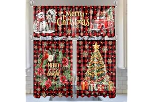 Breling 3 Pcs Buffalo Plaid Christmas Kitchen Curtains Valances and Tiers Set for Windows Merry Christmas Tree Wreath Decor Short Curtain Set for Bedroom Window Treatment Decor Party Favor Supplies