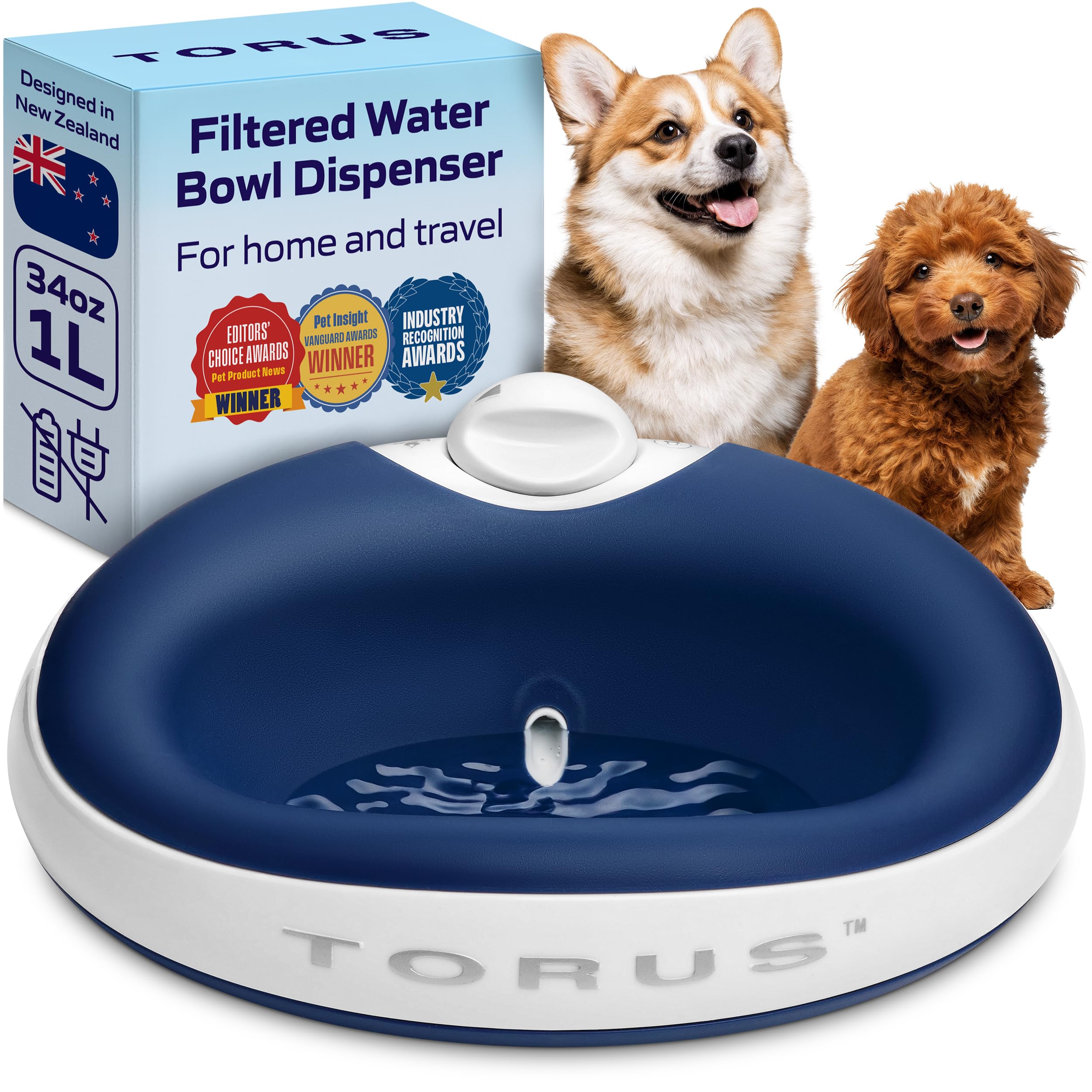 Torus Pet MINI Cordless Filtered Water Dispenser (Blue) - 1 Liter – Home and Travel Bowl - Autofill - Portable - Cleantech - BPA Free - Small Dog - Cat