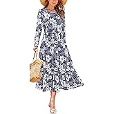 STYLEWORD Women's 2025 Fall Wedding Guest Dresses Long Sleeve Crew Neck Tiered Flowy A Line Casual Midi Dress Pockets