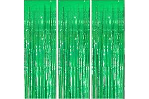 BOMSI 3 Pack Green Streamers Backdrop Jungle Party Decorations Foil Fringe Backdrop Curtains Photo Booth Backdrop for Birthday Dinosaur Animal St Patricks Day Football Christmas Party Decorations