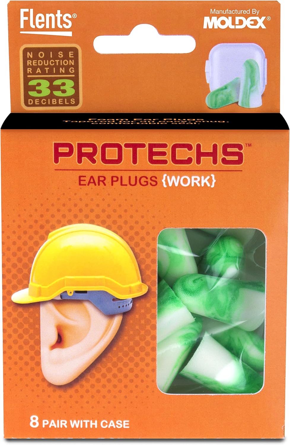 Protechs Ear Plugs for Construction, 8 Pair with Case, NPR 33