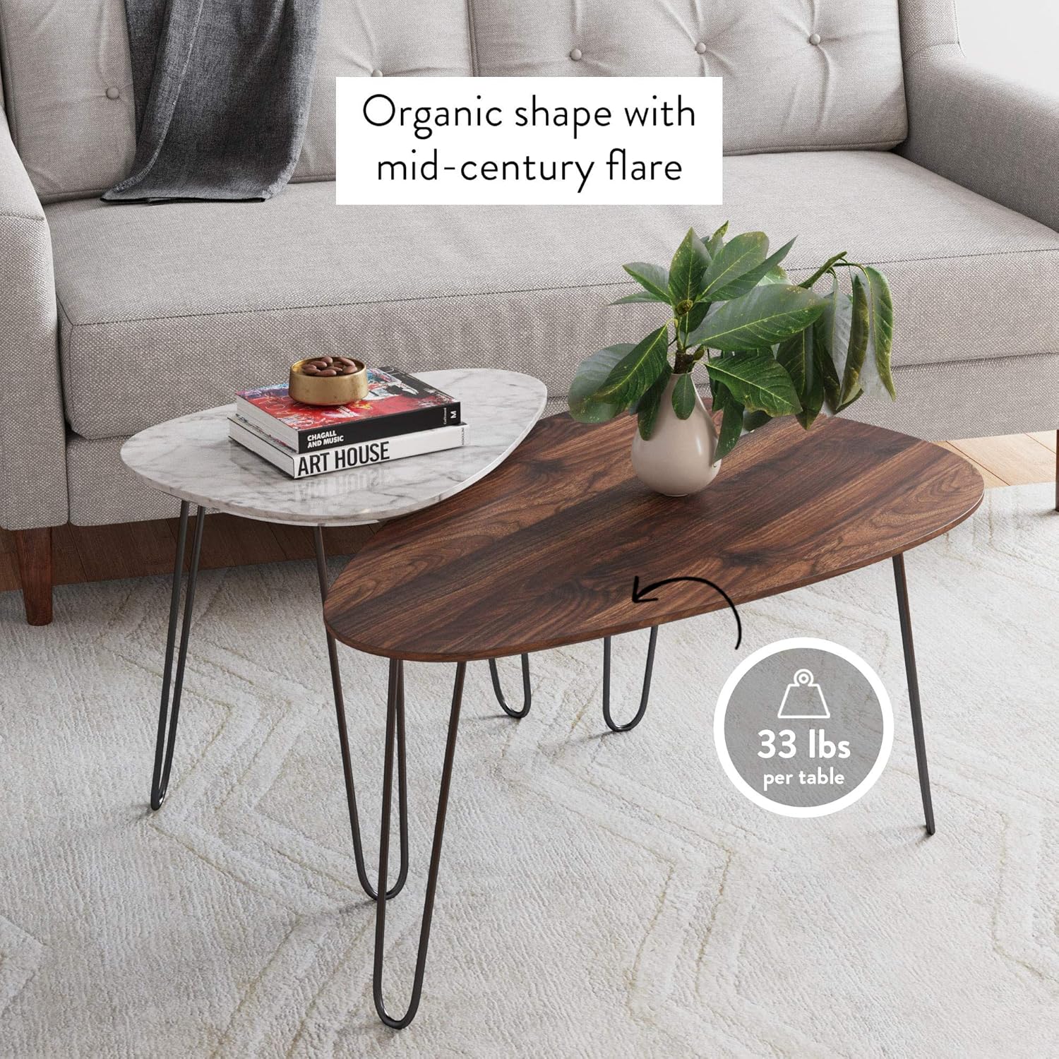 Nathan James Bodhi Mid-Century Nesting Coffee Table Set of 2, Stacking Side or End for Living Room with Faux Carrara Marble, Wood Finish and Black Metal Legs, White/Walnut: Furniture & Decor