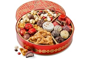 BONNIE AND POP - Holiday Snack Gift Tin, Round, Modern Pattern, Assorted Treats: Belgian Truffles, Chocolate Covered Oreos, Peanut Brittle and Candy Nuts