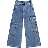 KIDSCOOL SPACE 7-Pocket Girls Wide-Leg Stretch Denim Pants, 5-14T Ribbed Elastic Waist with D-Ring Cargo Jeans