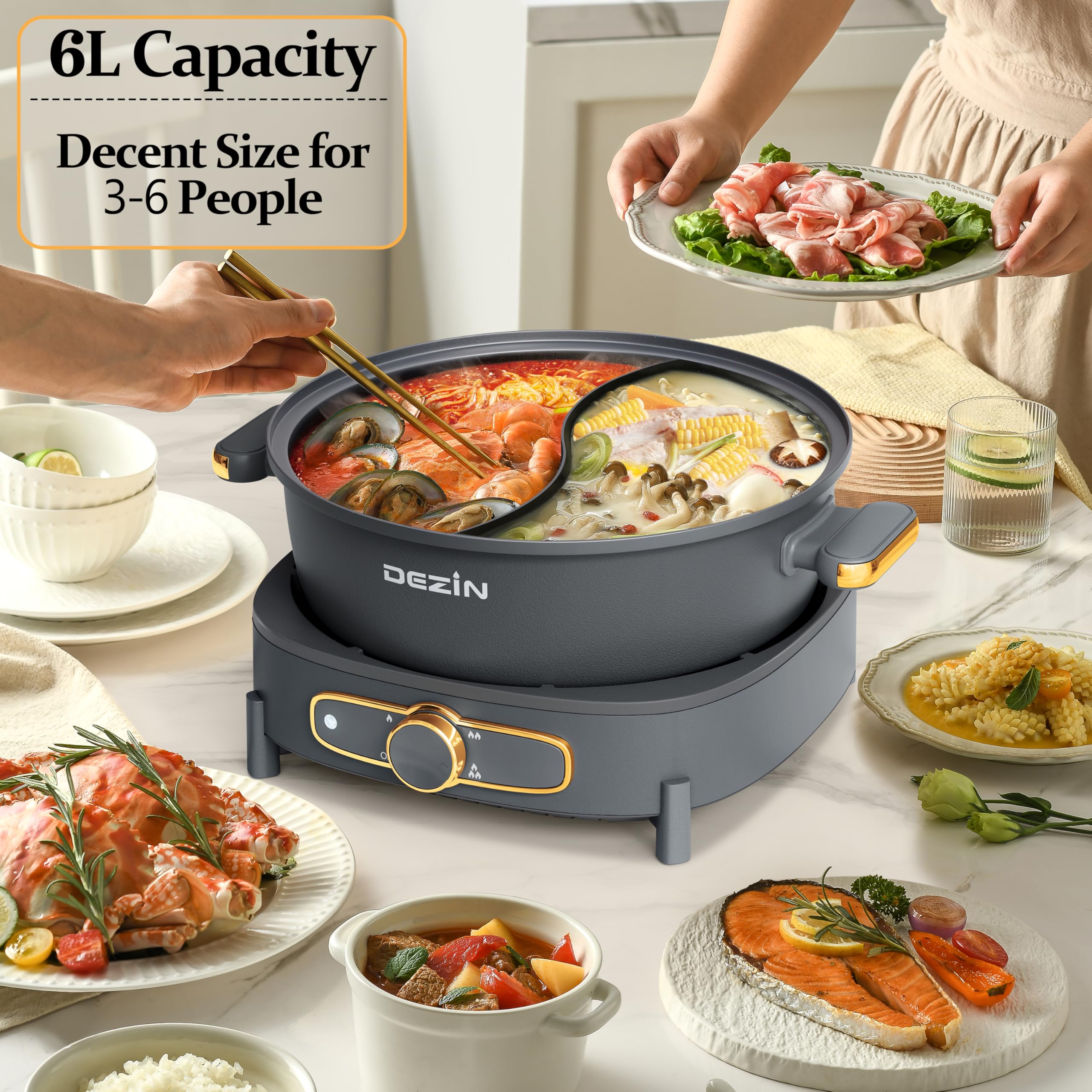 Dezin Hot Pot Electric with Divider, 6L Double-Flavor Shabu Shabu Pot, Dual Sided Removable Non-Stick Hotpot Pot Electric, 3