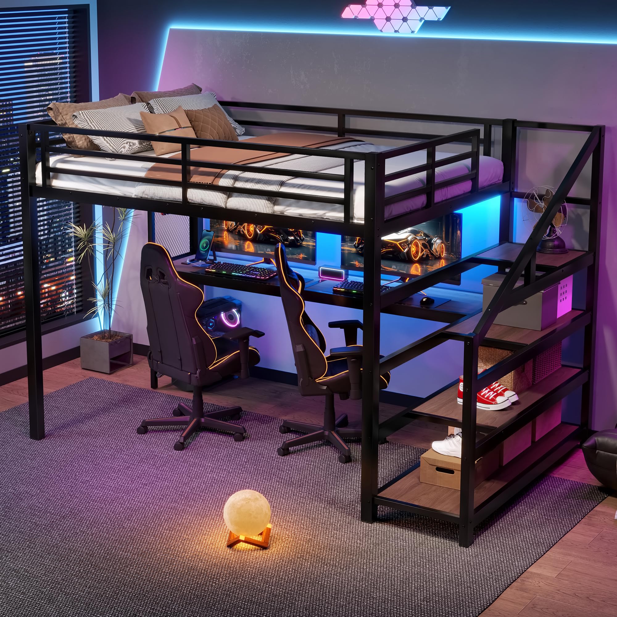 Photo 1 of ***BOX 2 OF 2 -MISSING BOX #1 -SELLING AS PARTS  ONLY*** Bellemave Full Loft Bed Metal Loft Bed Frame with Iron Nets, LED Lights & USB Ports, Heavy Duty Adult for Bedroom, Noise-Free, Black