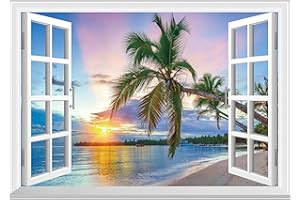 FLFK Fake Window Wall Mural - Sunrise Over The Sea Faux Window Wall Sticker for Wall Decor, Stick and Peel Wall Decals,48"x32",Set of 2 Sheets