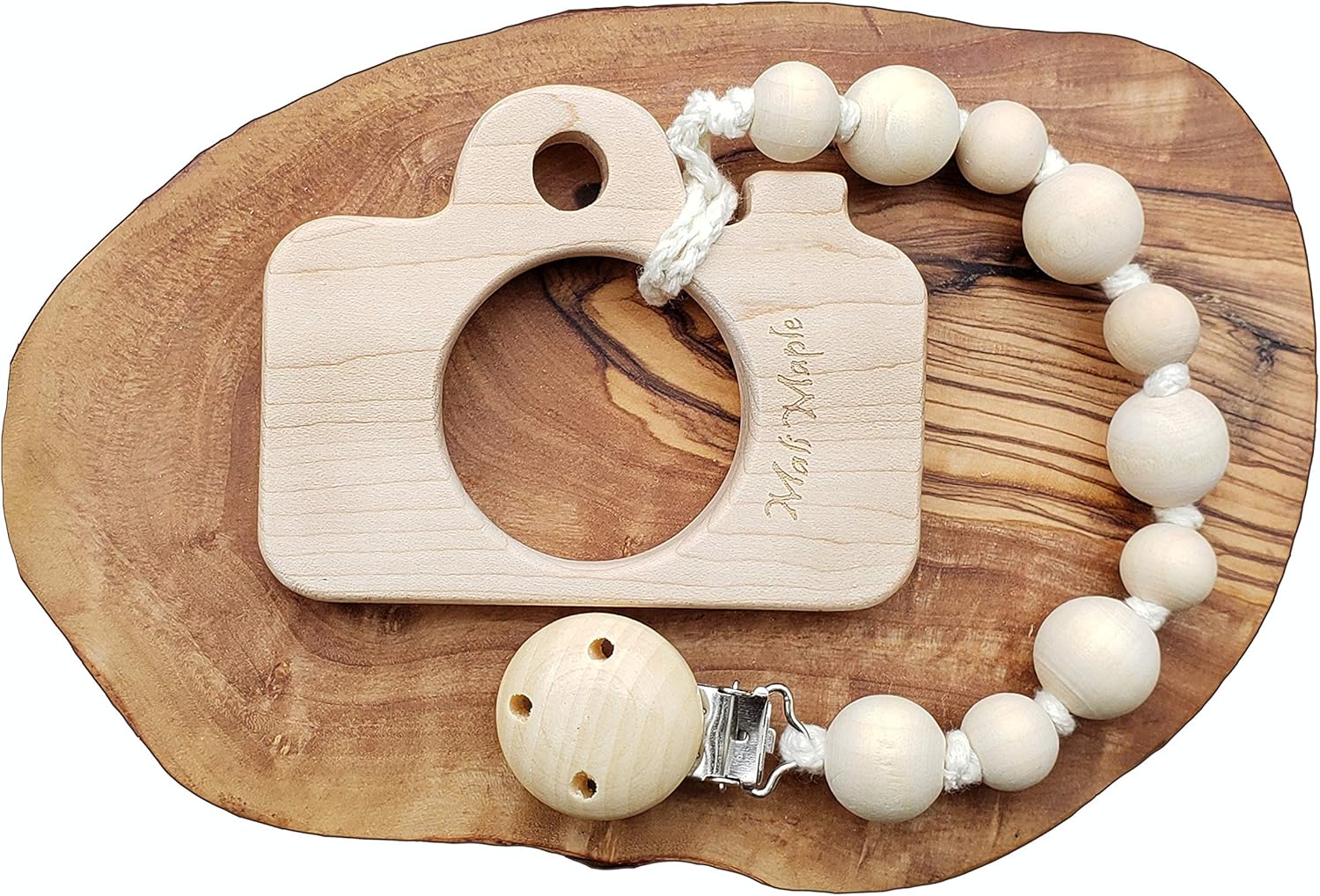 Wooden Teether Toy and Pacifier Holder Natural Organic