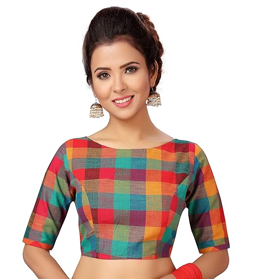 Women's Multi Coloured Pure Cotton Madras Checks Saree Blouse