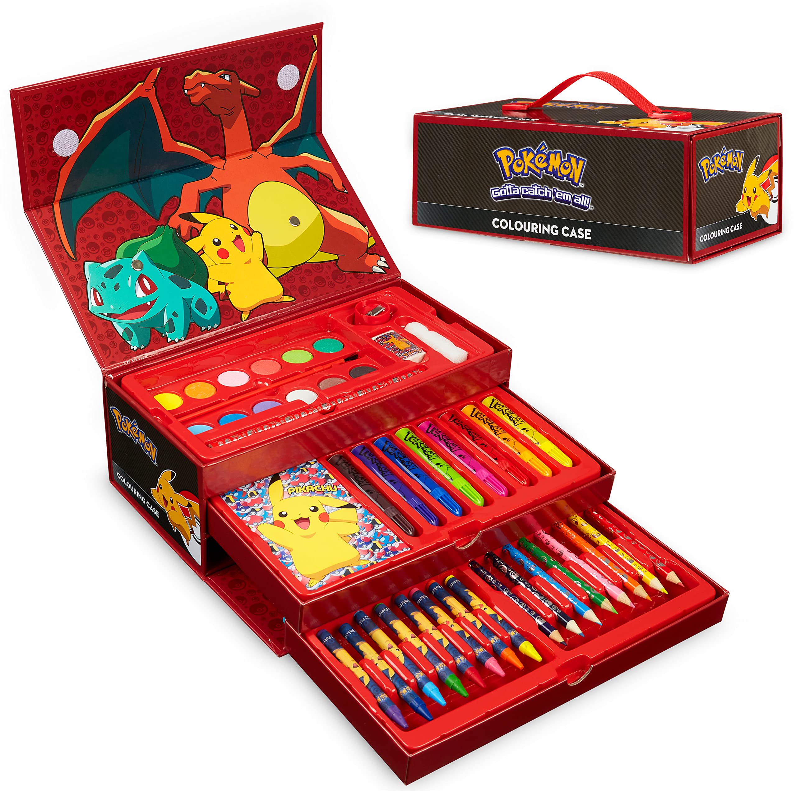 Pokemon Art Set for Boys Girls Drawing Painting Kit Markers Crayons Colored Pencils School Supplies Anime Gifts for Kids (Black/Red)