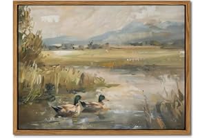 AKWISH Floating Framed Canvas Wall Art, Vintage Mallard Duck Oil Paintings Print, Countryside Art Wildlife Nature Pond Wall Decor for Living Room, Bedroom, Office, Rustic Decor 12x16 inch