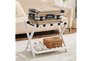 oakvivo Fully Assembled Luggage Rack for Guest Room, Bamboo Foldable Suitcase Stand with Storage Shelf, Luggage Stand with 5 Nylon Straps, Luggage Holders for Guest Room Bedroom Hotel, White, 1 Pack