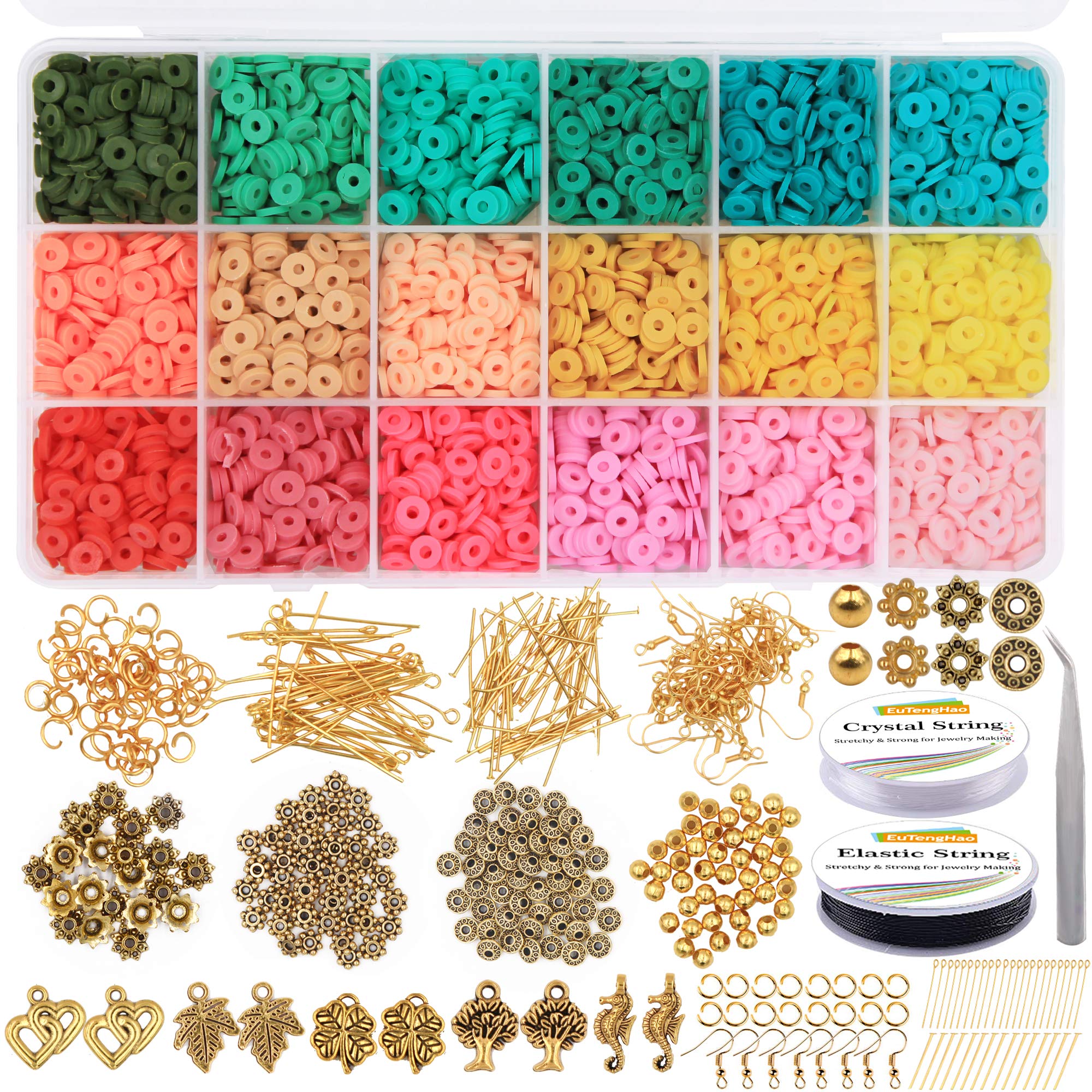 EuTengHao 6655Pcs Flat Ceramic Beads Round Polymer Clay Spacer Beads for Jewelry Making Bracelets Necklace Earring DIY Craft Kit with Pendant,Jump Rings,Elastic Cord (18 Colors,6mm Beads)