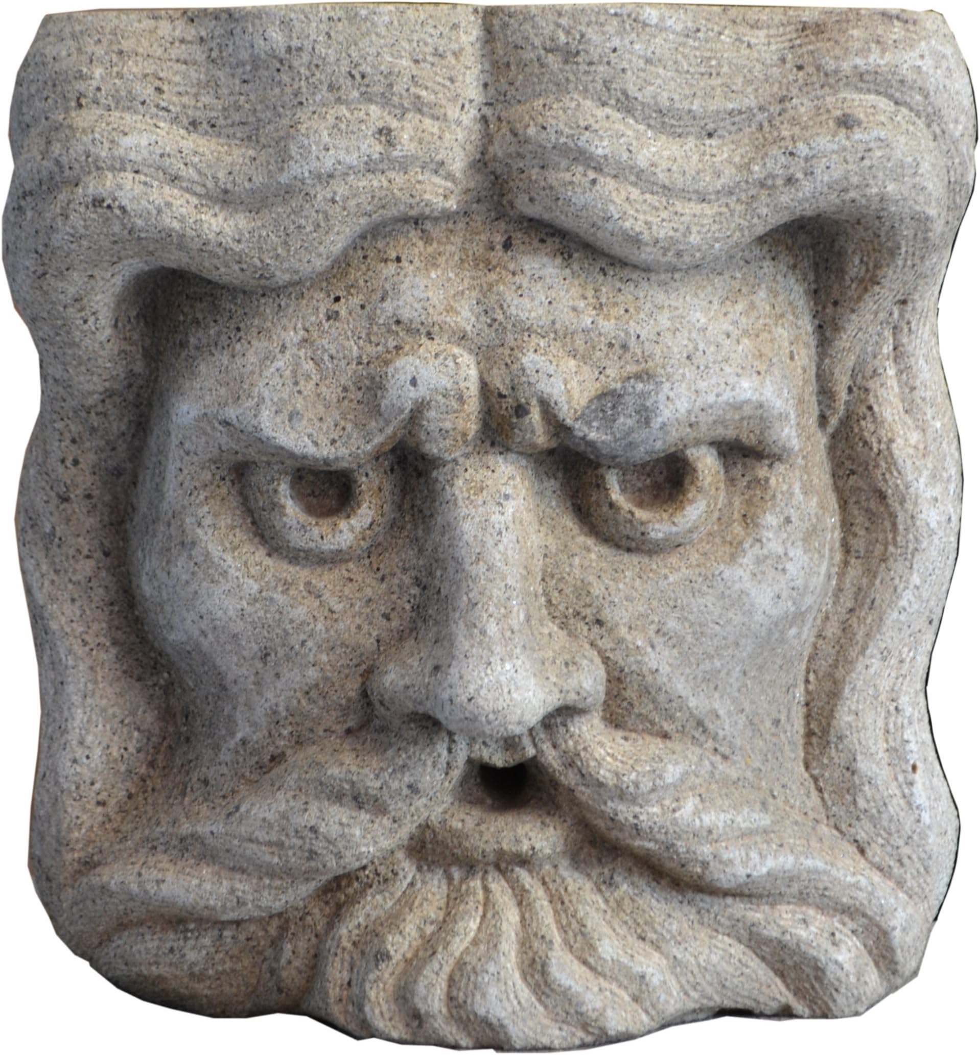 Carved plant pot representing an apotropaic mask. On volcanic stone.