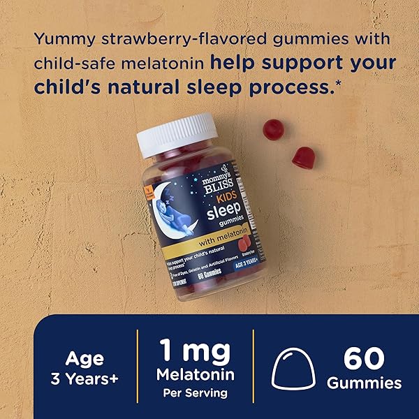 MOMMY’S BLISS KIDS SLEEP MELATONIN GUMMIES, NO ARTIFICIAL COLORS, FLAVORS OR GELATIN, STRAWBERRY FLAVOR CHILDREN’S MELATONIN GUMMIES, AGE 3+, 60 COUNT