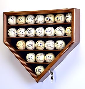 sfDisplay.com, Factory Direct Display Cases 23 Baseball Ball Display Case Cabinet Holder Wall Rack Home Plate Shaped 98% UV Protection- Lockable -Walnut