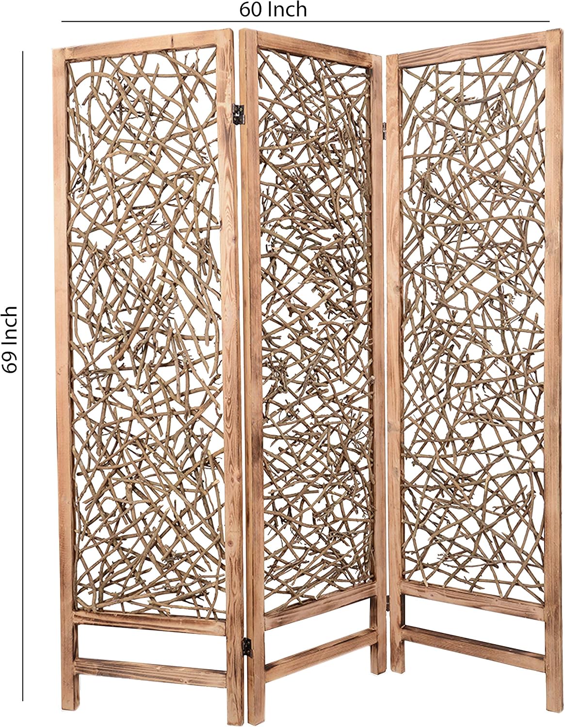 Amazon Com Benjara Contemporary 3 Panel Wooden Screen With Willow Branch Inset Brown Furniture Decor