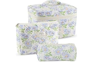 URSKYTOUS 3Pcs Cotton Quilted Makeup Bag for Women Girls Blue Floral Travel Large Small Cosmetic Bag Set Cute Makeup Pouch Portable Toiletry Bag Organizer Storage Coquette Aesthetic Makeup Brush Bag