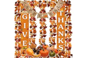 GARDENNOW 5 Pack Fall Maple Leaves Garland, 30FT Artificial Thanksgiving Maple Leaf Autumn Garland Hanging Fall Vines Table Decorations for Thanksgiving Front Door Mini Pumpkin & GIVE Thanks Banner Decor