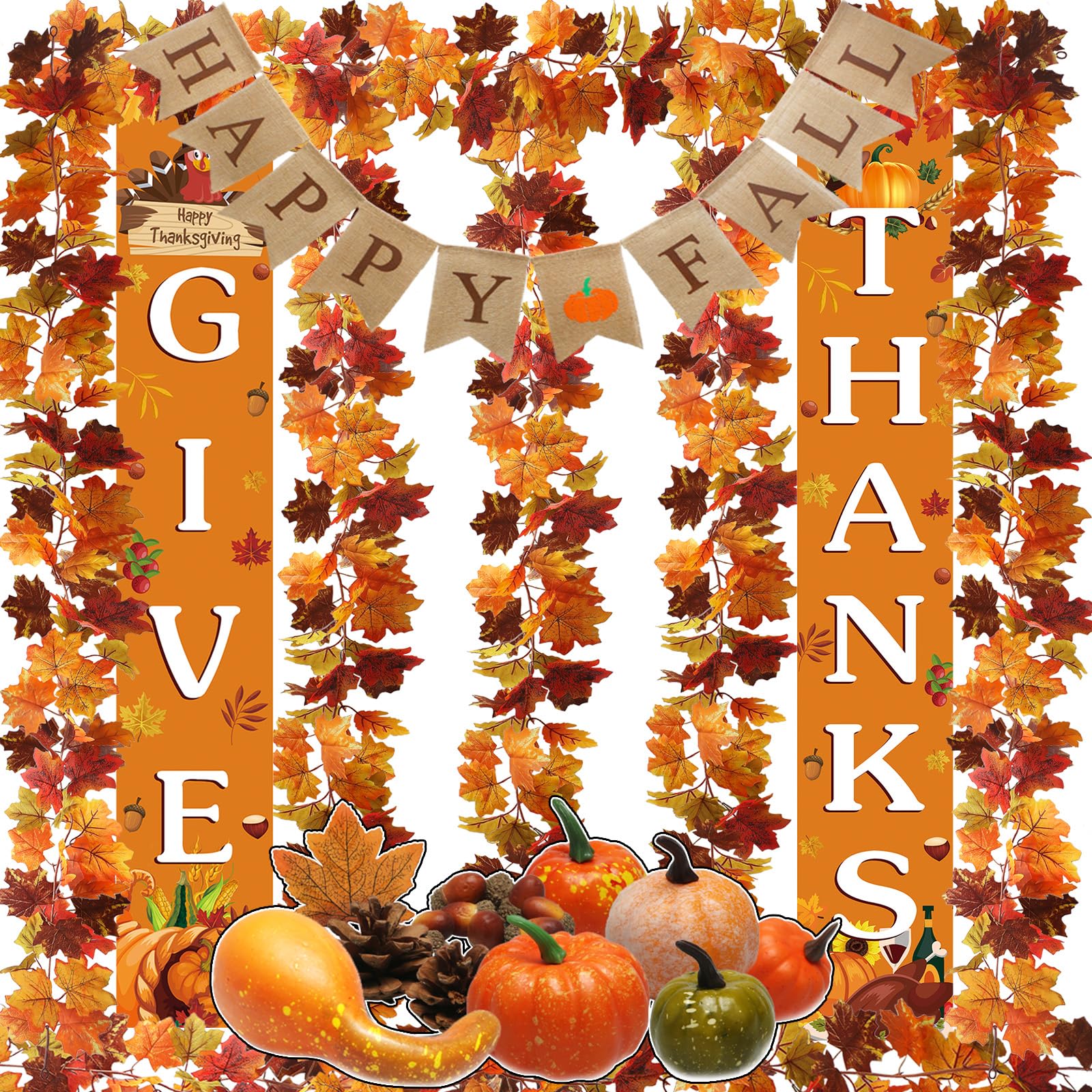 Photo 1 of 5 Pack Fall Maple Leaves Garland, 30FT Artificial Thanksgiving Maple Leaf Autumn Garland Hanging Fall Vines Table Decorations for Thanksgiving Front Door Mini Pumpkin & GIVE Thanks Banner Decor