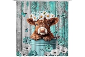 Highland Cow Shower Curtain Teal Daisy Floral Butterfly Rustic Barn Door Cute Farm Animal Cow Western Country 70" WX70 H Bath