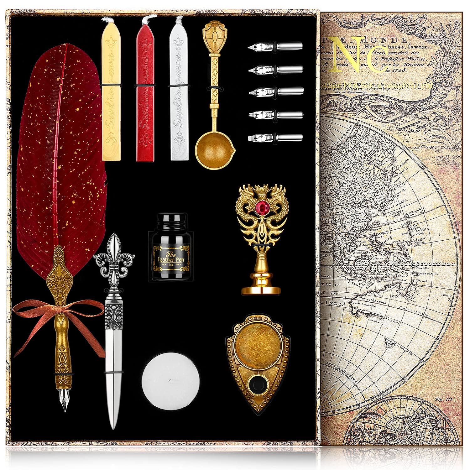 NC Feather Calligraphy Pen Ink Set,Quill Pen Set Includes Feather Dip Pen,Ink,5 Replacement Nibs,3Wax Seal Sticks,Pen Holder,Seal Stamp, White Wax,Spoon,Envelope Letter Paper, Envelope Tool,gift (Red)