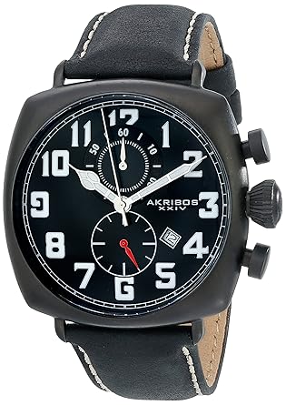 Akribos XXIV Mens AK786BK Chronograph Quartz Movement Watch with Black Dial and Black with Cream Stitching Leather Strap