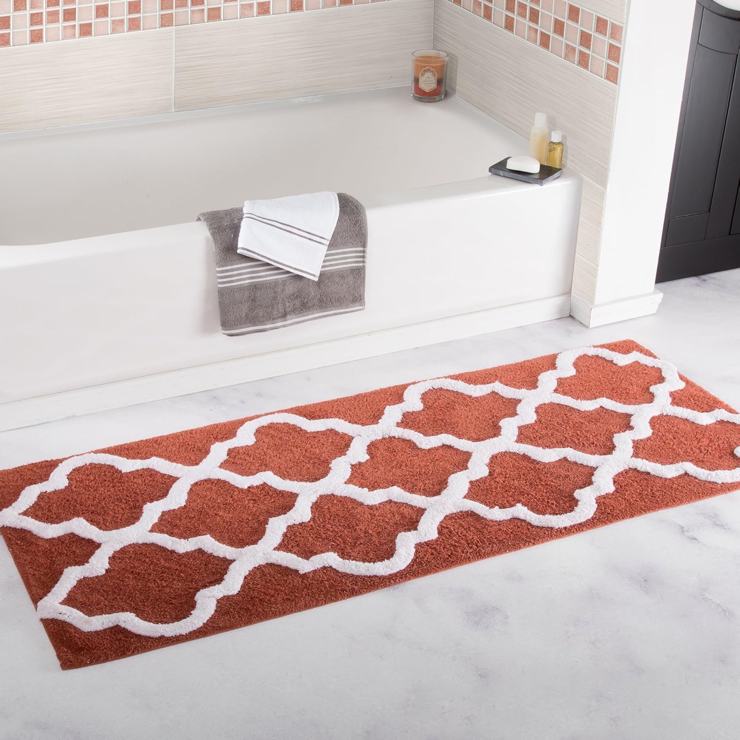 Bedford Home 100% Cotton Trellis Bathroom Mat - 24x60 inches - Brick