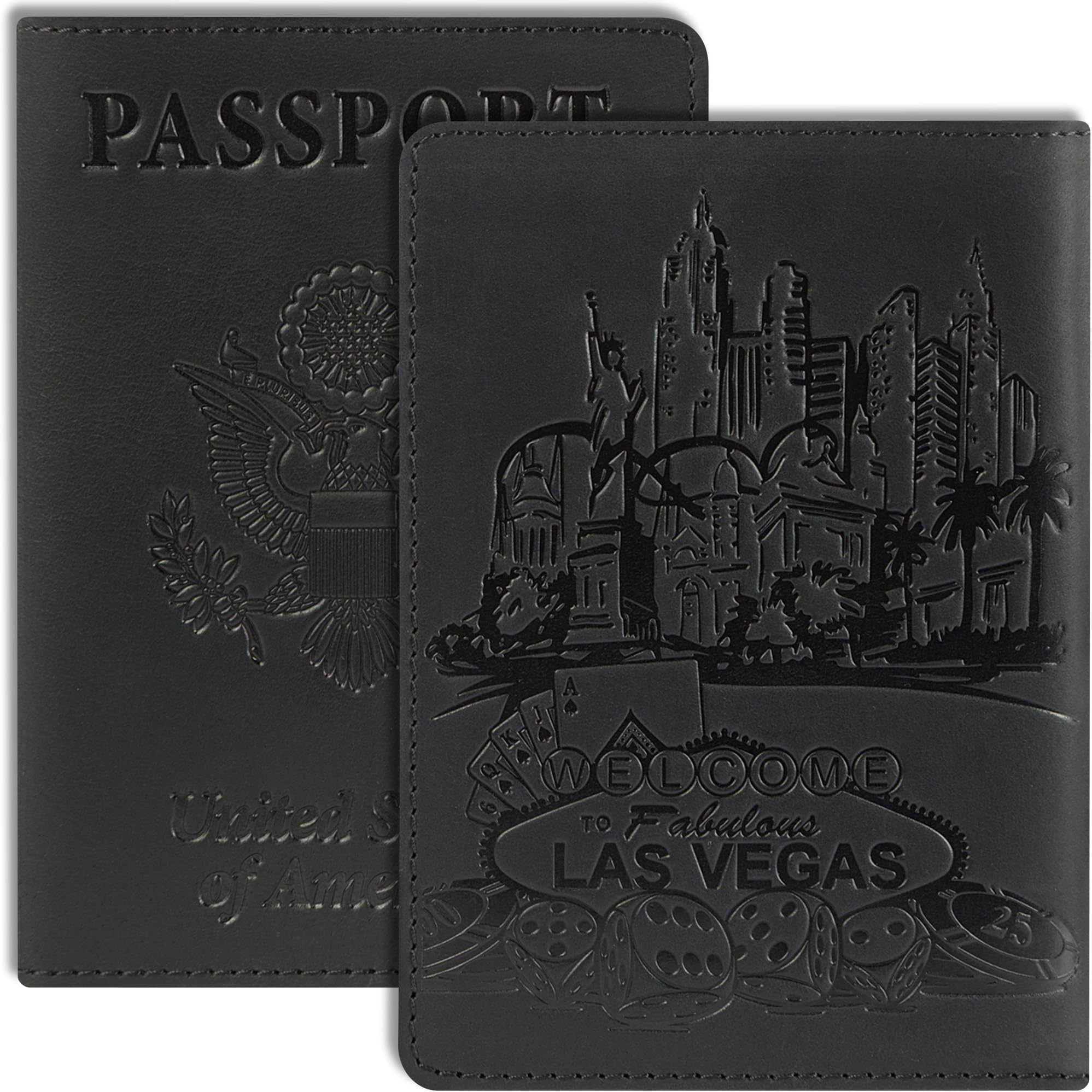 Shvigel Passport Holder Passport Cover - Leather Holder for Men & for Women Vintage - Thin US Passport Book Case (Las Vegas Black Vintage)