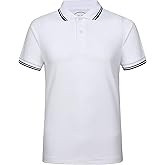 Men's Cotton Casual Polo Shirt Short Sleeve Striped Solid Golf Polo Shirts for Men Classic Pique Relaxed-Fit (White, L)