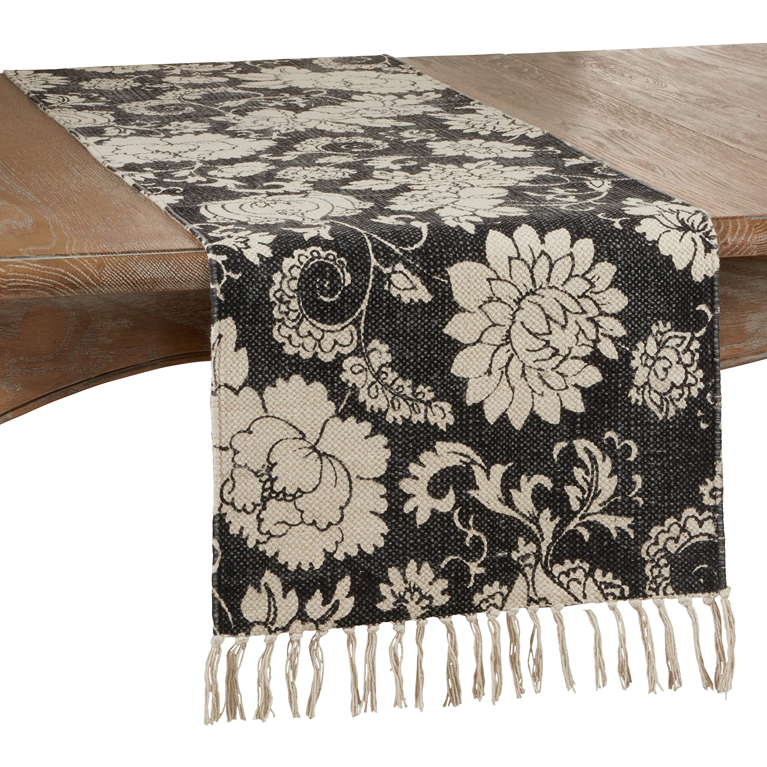 SARO LIFESTYLE 6102.BK1672B Posie Floral Design Fringed Table Runner, Cotton, Black