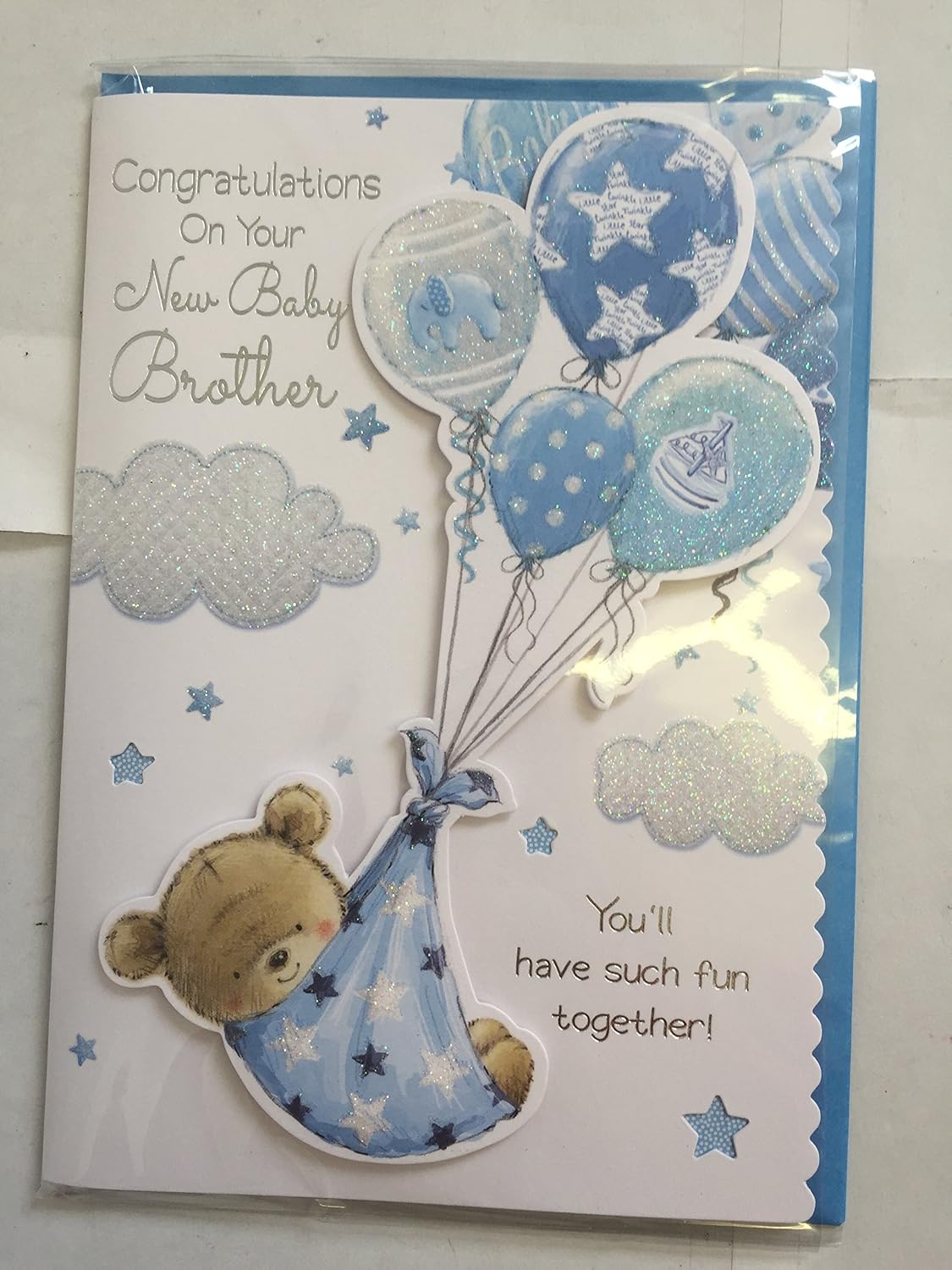 Congratulations On Your New Baby Brother New Baby Born Birth Card Teddy Balloons 3d Glitter Foil Detail Prelude Amazon Co Uk Stationery Office Supplies