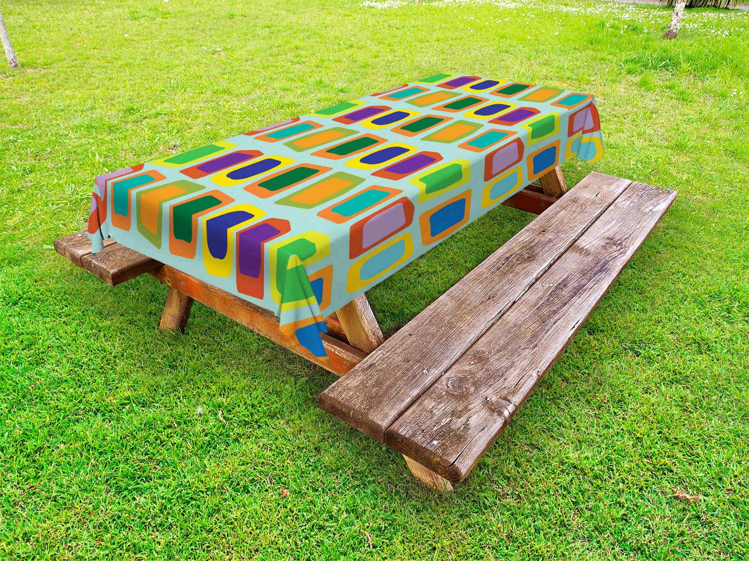 ABAKUHAUS Colorful Outdoor Tablecloth, Uneven Rectangles, Decorative Washable Picnic Table Cloth, 58" X 84", Multicolor