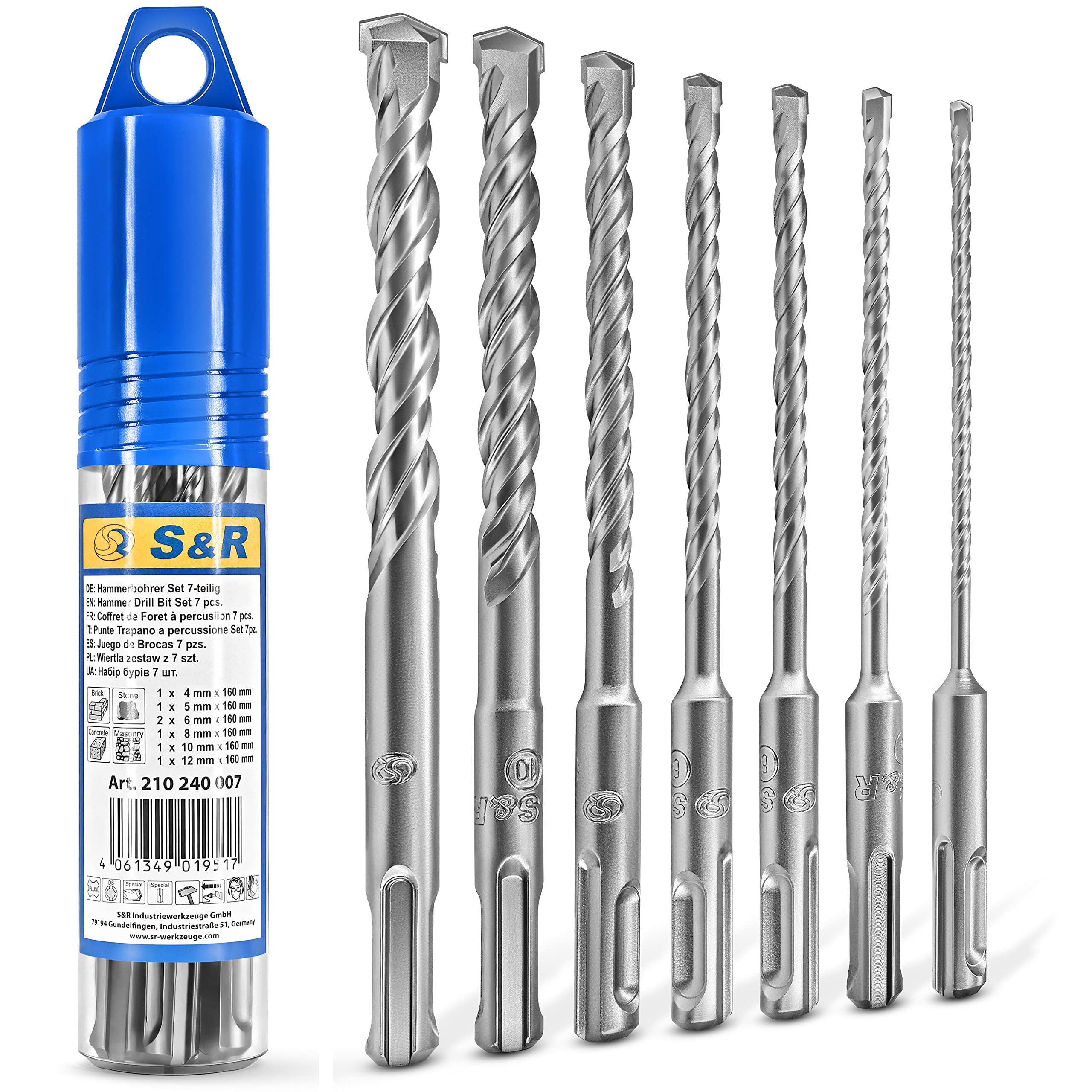 TITLE: S&R Professional SDS Plus Drill Bit Set 7 pcs 4–12 mm – SDS Masonry Drill Bits for Concrete, Stone, Brick & Granite | Double-Helix for Fast Dust Removal | Round Storage Tube